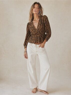 Zara Woman Leopard Print V-Neck Ruffle Peplum Blouse MEDIUM Classic Boho Country